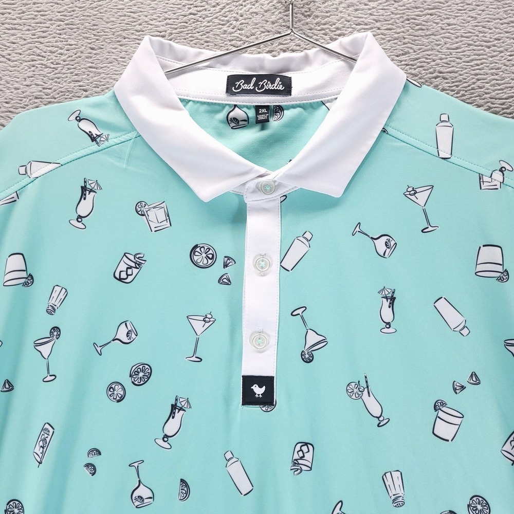 Bad Birdie Polo Shirt Mens 2XL Blue Cocktail Print Golf Performance Stretch